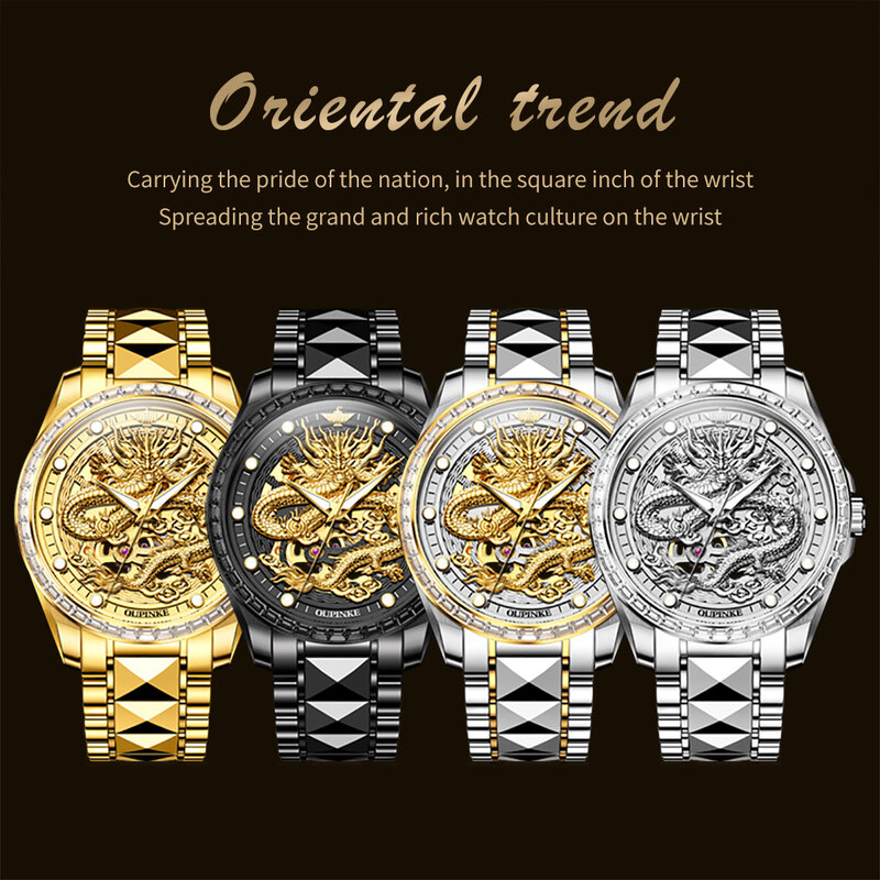 OUPINKE-Men's Gold Dragon Relógio de pulso mecânico automático, alta qualidade, relógios de diamante, esqueleto, marca de luxo