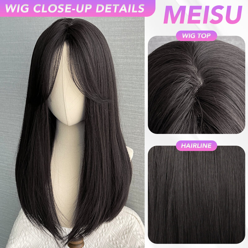 MEISU18 Inch BLack Straight Bangs Wig Fiber Synthetic Wig Heat-resistant Non-Glare Natural Cosplay Hairpiece For Women Daily Use