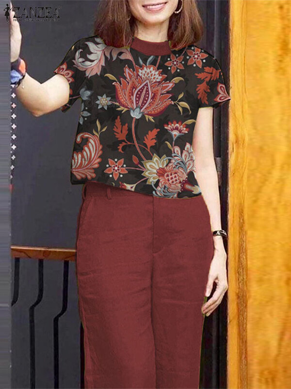 ZANZEA 2 szt. Garnitur Vintage bluzka z krótkim rękawem komplety damskie w stylu Casual, z nadrukami pasujące zestawy 2024 letnie dresy kwiatowe Oversize