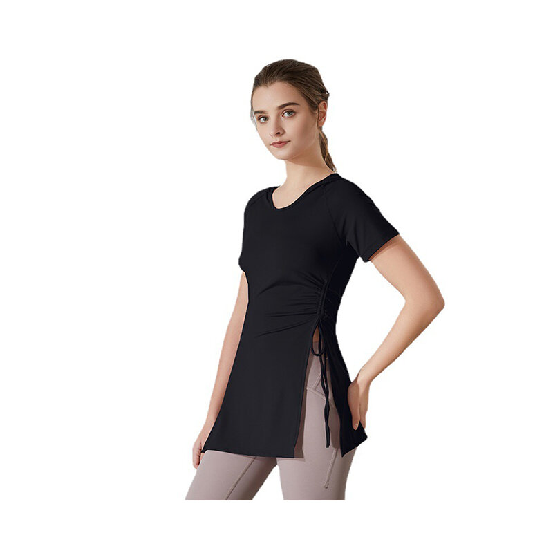 Camisa de manga curta para mulheres, top longo e respirável com cordão lateral, roupas esportivas e fitness