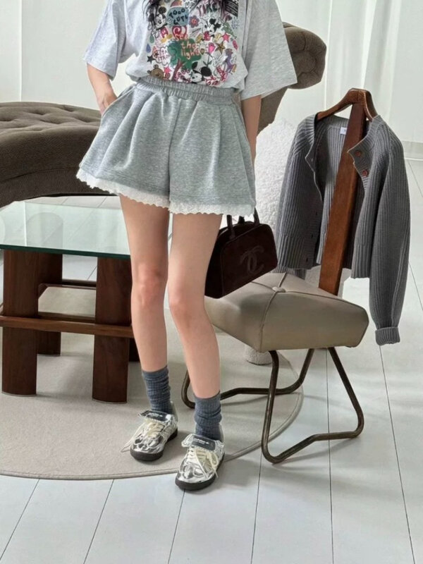 Deeptown в Корейском стиле женская летняя винтажная элегантная Милая Кружевная Лоскутная однотонная брюка E-grils 2024 шикарная