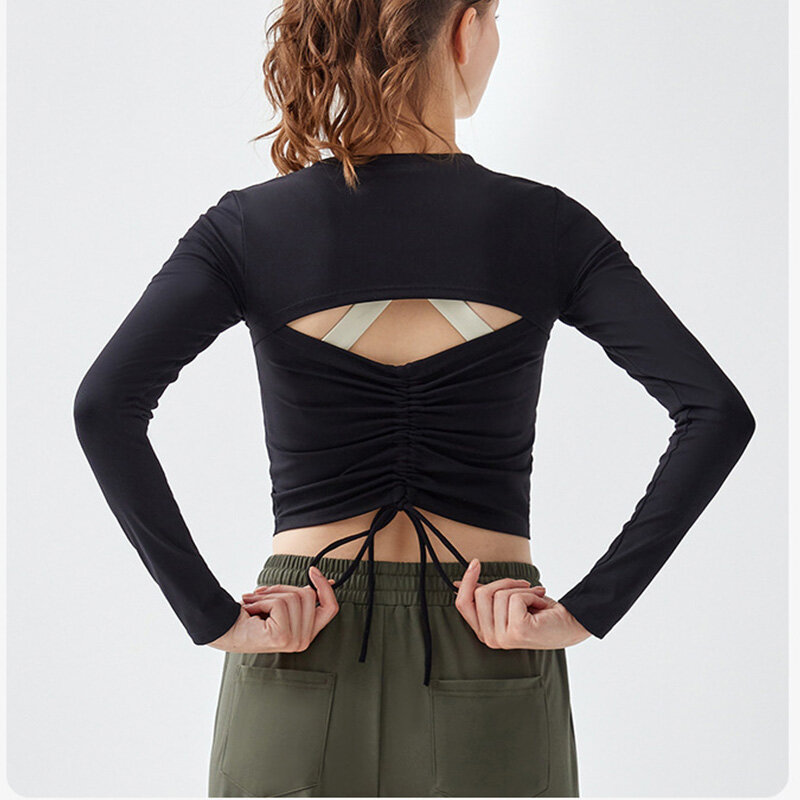 Camisa assimétrica do ioga com cordão para as mulheres, top da aptidão da luva longa do lycra, running e o desgaste ocasional