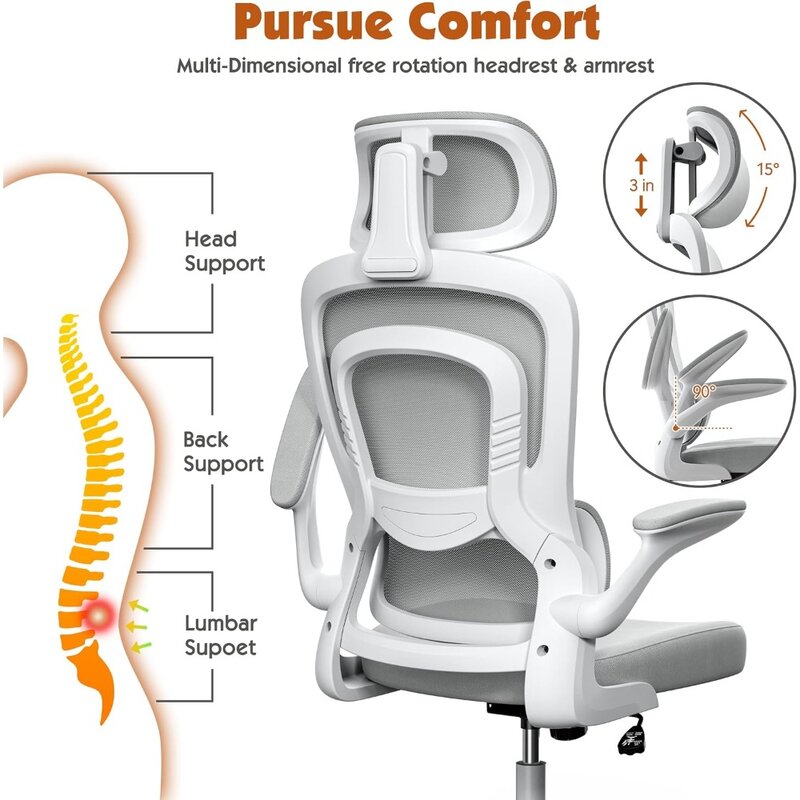 Kursi kantor jaring ergonomis dengan penyangga pinggang, kursi kantor punggung tinggi dengan lengan lipat, kursi game komputer jaring
