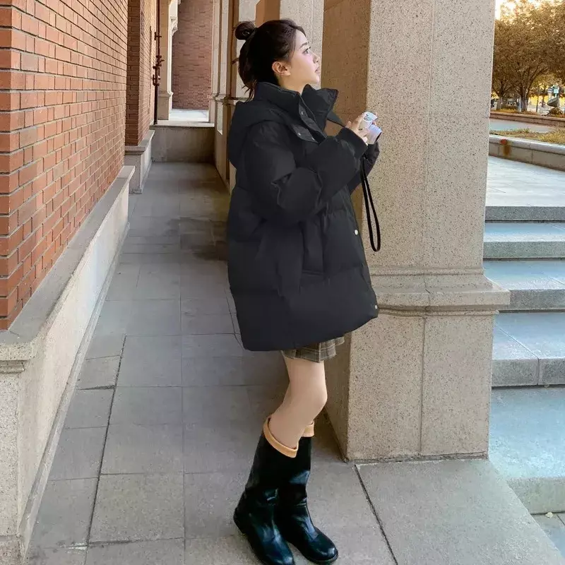 سترة نسائية كورية شتوية مع جيوب كبيرة ، معطف بغطاء رأس ، جاكيتات نسائية فضفاضة ، أحادية اللون ، عصرية دافئة ، باركا كاجوال
