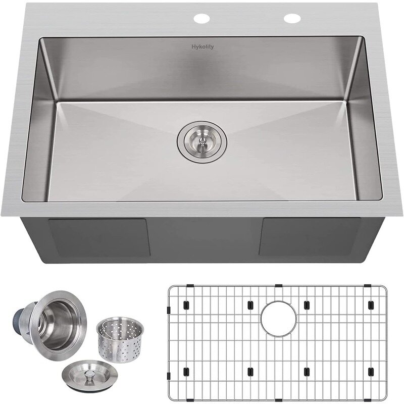 Hykolity-fregadero de cocina de 33 pulgadas, fregadero de cocina de montaje superior de acero inoxidable de 2 agujeros con colador y rejilla inferior