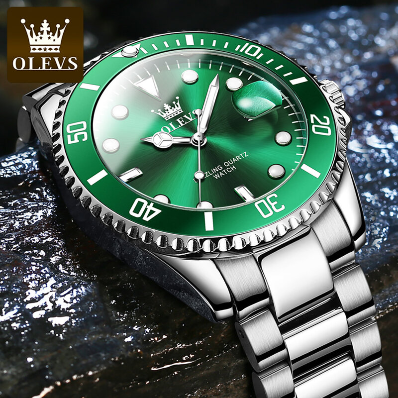 OLEVS zegarki męskie biznes pasek ze stali nierdzewnej zielony zegarek kwarcowy wodoodporny kalendarz Luminous wysokiej jakości męski zegarek na rękę