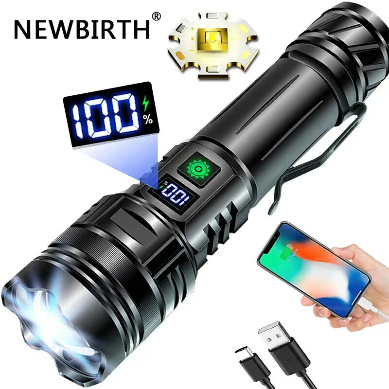 USB carregamento lanterna exterior, super brilhante, longo alcance, alta potência, laser branco, display digital, lanterna tática impermeável