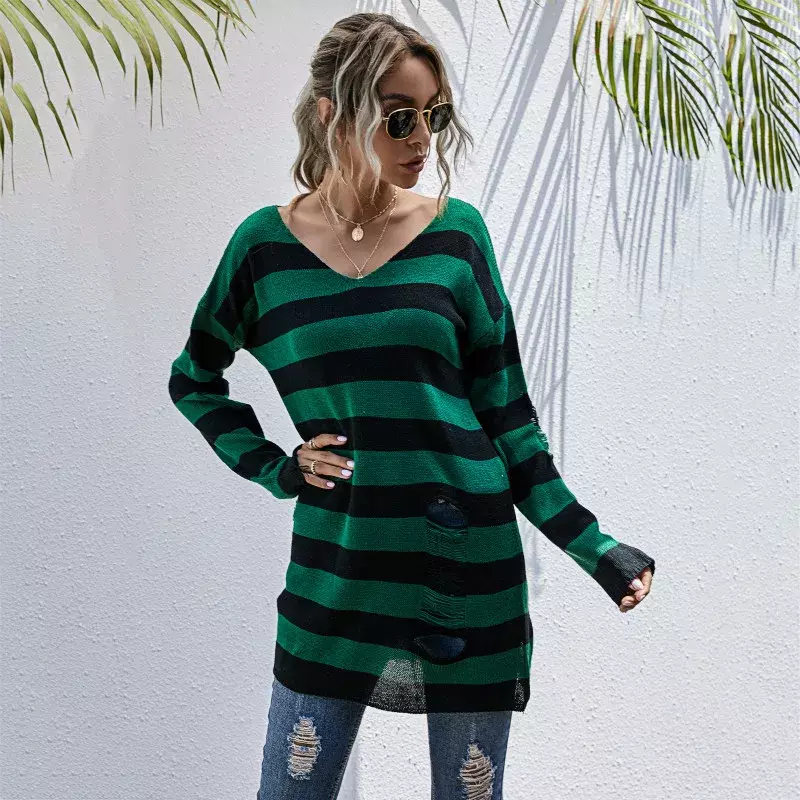 2024 Spring Autumn Women Green and Blue Striped Sweater New Fashion V-Neck Green Stripped Sweater Oversized Knit Pullovers Tops