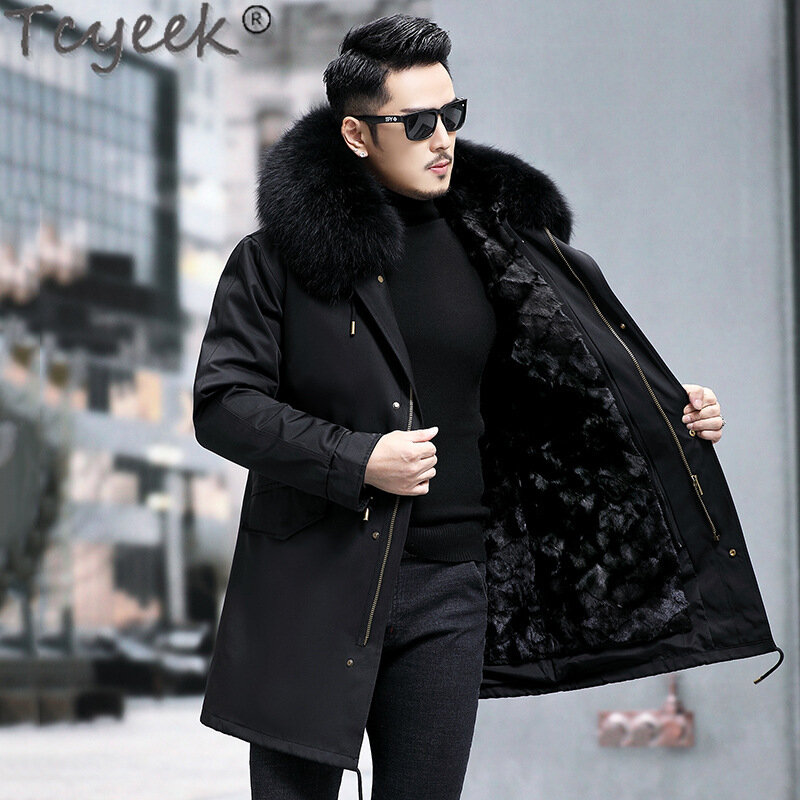 Tcyeek Real Mink Fur Parka Winter Jackets for Men Clothes Fashion Mens Fur Jacket Coat Detachable Fox Fur Collar Зимняя Куртка