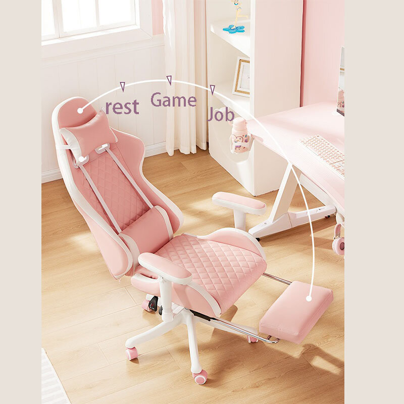 Kursi Game anak perempuan, kursi putar komputer ergonomis kulit berlian, kursi putar Game nyaman siaran langsung dapat dilipat
