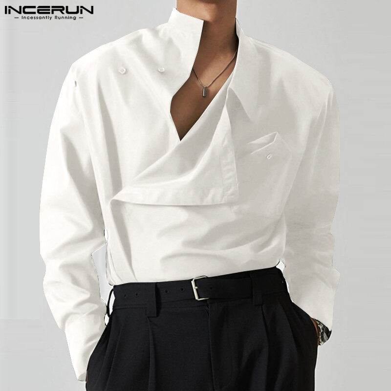 Incerun-男性用の単色襟付きシャツ,大きくて長い,長袖,カジュアル,ファッショナブル,ストリートウェア,2023