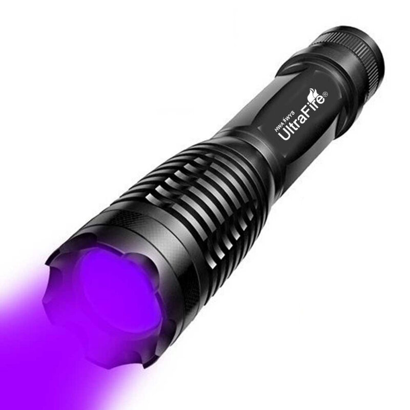 UltraFire E5 ไฟฉาย UV Ultra ที่มีประสิทธิภาพ Zoomable UV Light 395-405nm โคมไฟอัลตราไวโอเลตโคมไฟสำหรับเครื่องตรวจจับปัสสาวะสัตว์เลี้ยงแมงป่อง
