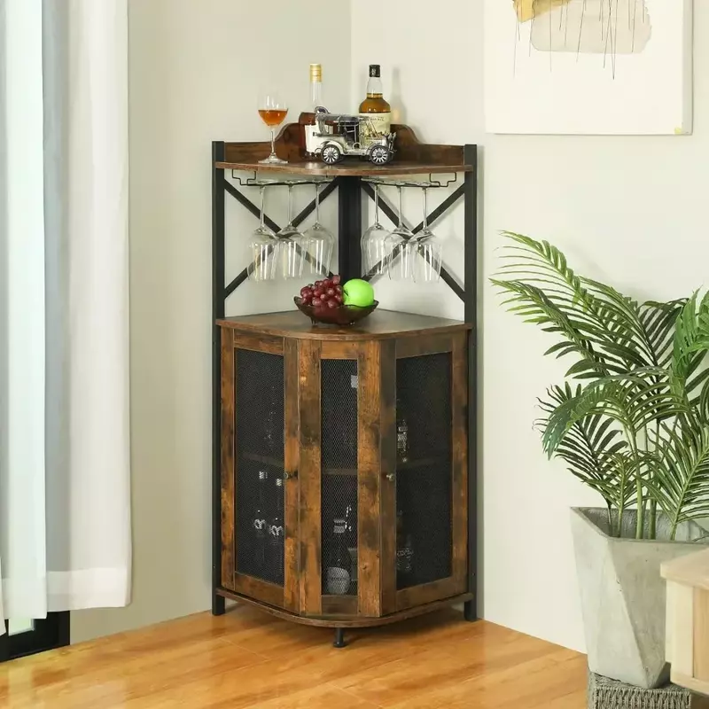 Corner Bar Cabinet With Glass Holder Wine Refrigerator Home Bar for Liquor and Wine Storage Rustic Brown Showcases Rack