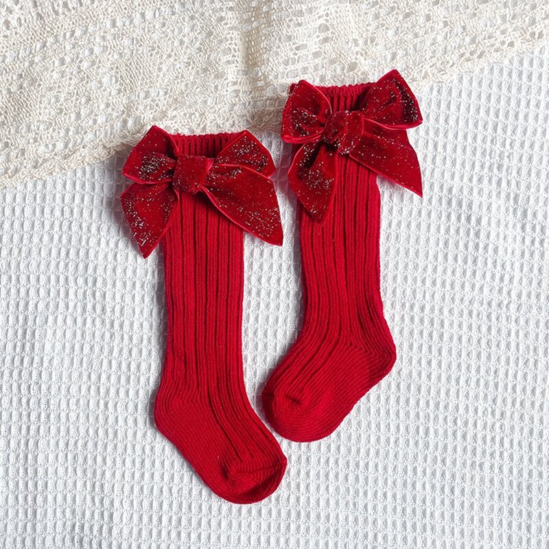 Chaussettes de noël pour petites filles, accessoires de fête, doux et chaud, avec nœud papillon, Festival, automne, hiver, nouvel an, cadeau