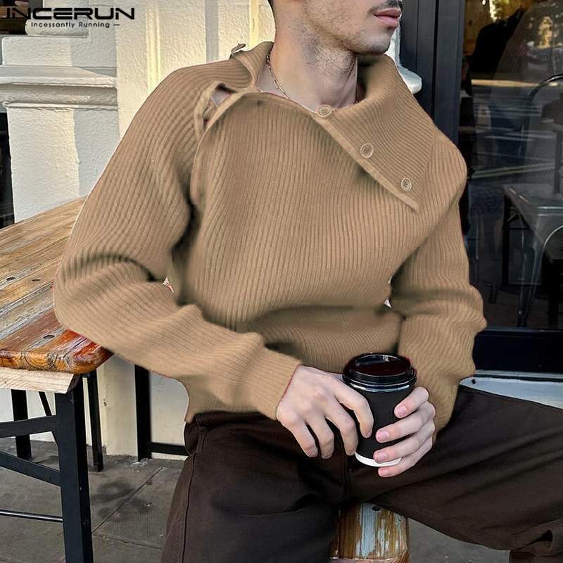 Свитер INCERUN мужской с лацканами и длинным рукавом, однотонный вязаный пуловер на пуговицах, Повседневная Уличная одежда, весна 2024