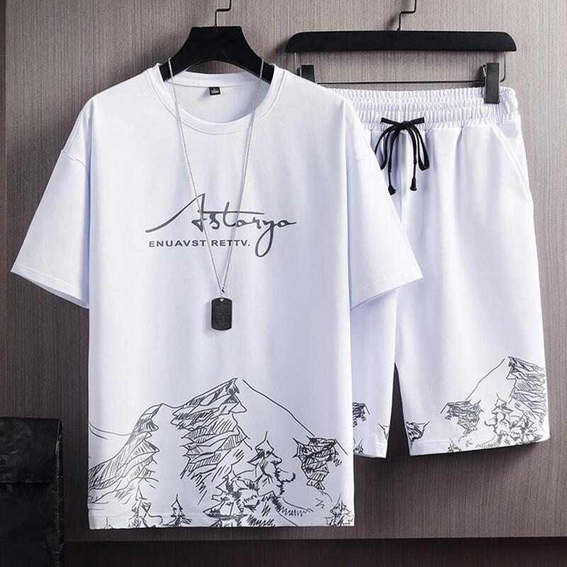 Conjunto de ropa deportiva fina, traje informal, Camiseta holgada con estampado de montaña, pantalones cortos holgados, ropa de calle, 2 unidades