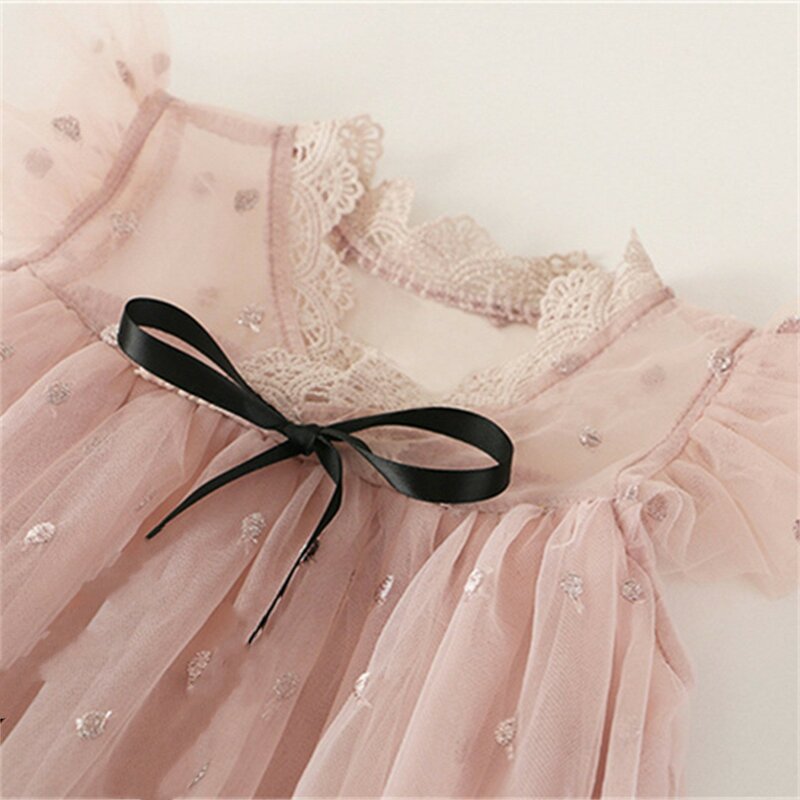 Gaun jala anak perempuan, baju putri renda Applique merah muda musim panas anak-anak bayi
