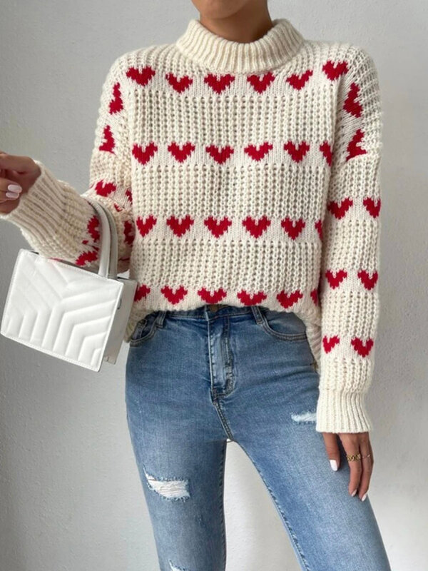 Женский свободный вязаный свитер, жаккардовые пуловеры с длинным рукавом и сердцем, джемперы с ложным воротником для весны и осени, уличная одежда