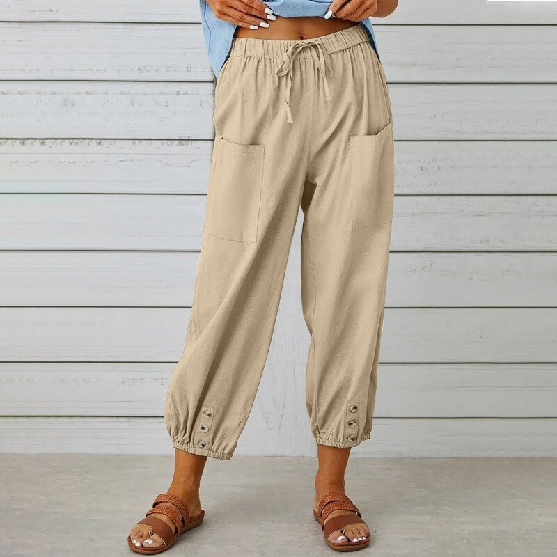 กางเกงผ้าฝ้ายผูกเอวสูงสำหรับผู้หญิง, ใหม่2023กางเกงยาวเก้านาทีกางเกงขากว้างแบบลำลอง