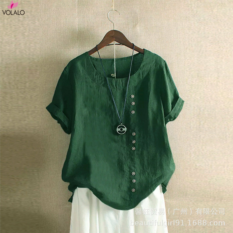 VOLALO-Blusa holgada de lino y algodón para mujer, camisa de manga corta con estampado, estilo gótico, 2024