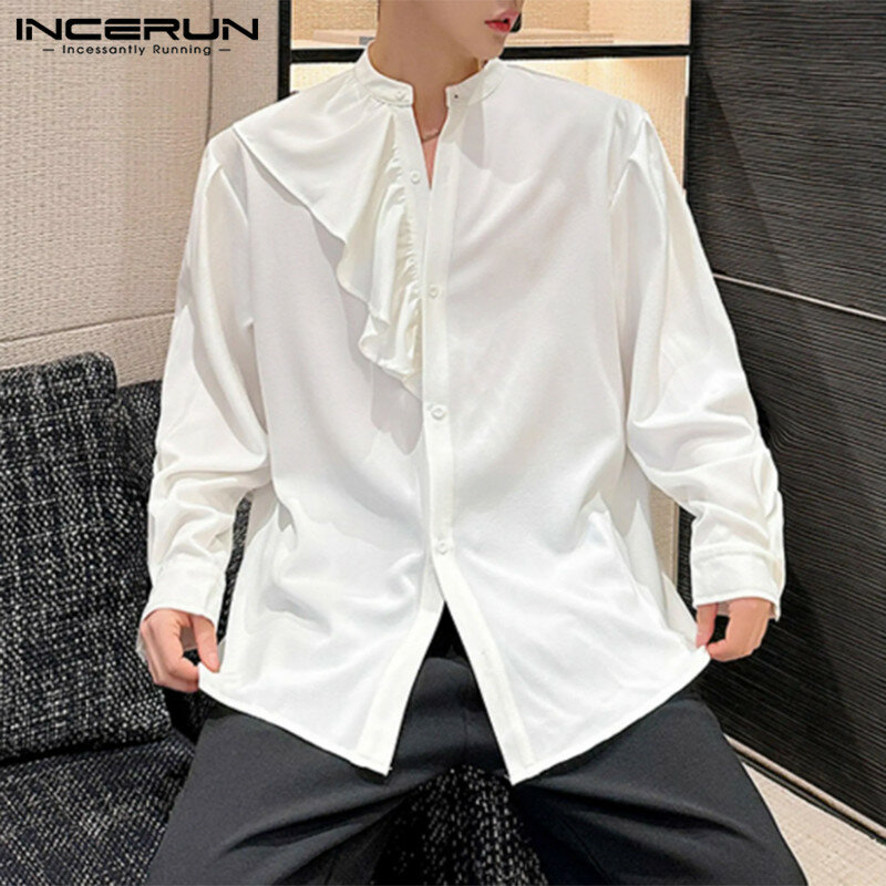 INCERUN-camisetas de estilo coreano para hombre, camisas de corte con diseño de volantes irregulares, blusa informal de cuello alto a la moda, S-5XL 2024