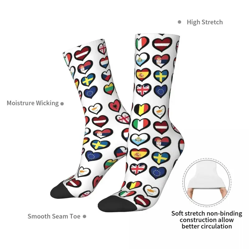 Eurovision Song Contest Flags Hearts Socks Harajuku calze Super morbide calze per tutte le stagioni accessori per regali di natale Unisex