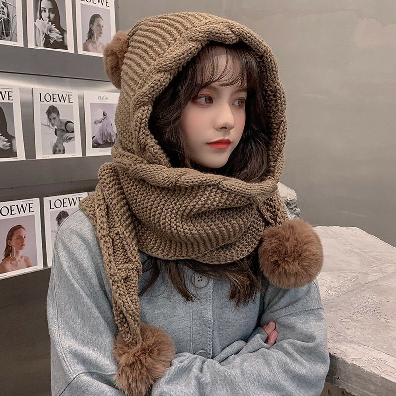 Корейская версия шерстяная шапка женская осенне-зимняя с шарфом цельная шапка Милая шерстяная пушистая утепленная теплая вязаная шапка