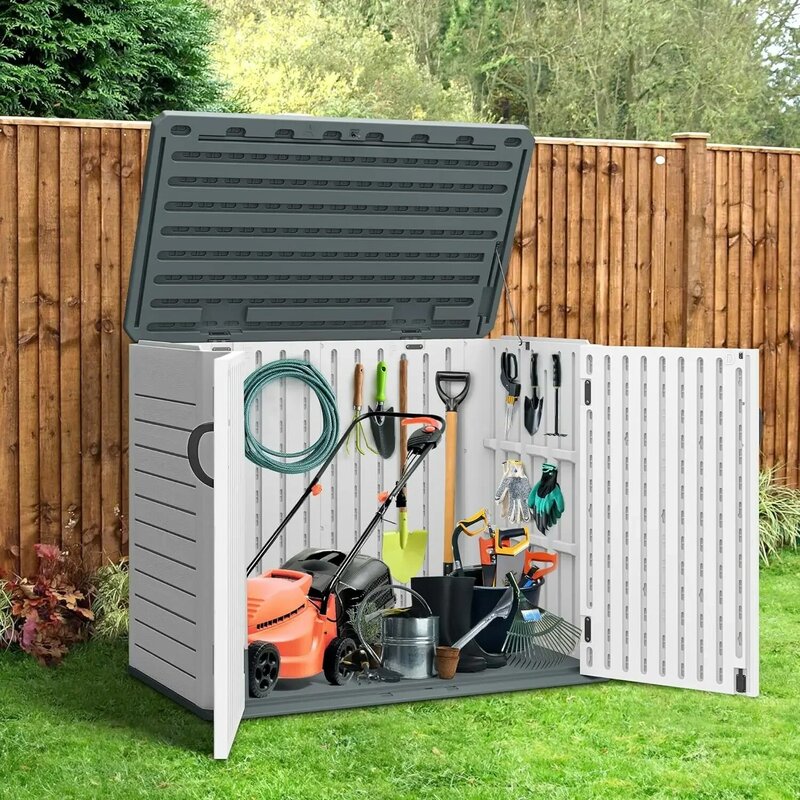 Outdoor Horizontal Storage Shed with X-Shaped Lockable Door 35 Cu Ft Weather Resistant Resin Tool Shed w/o Shelf Ideal for Bike