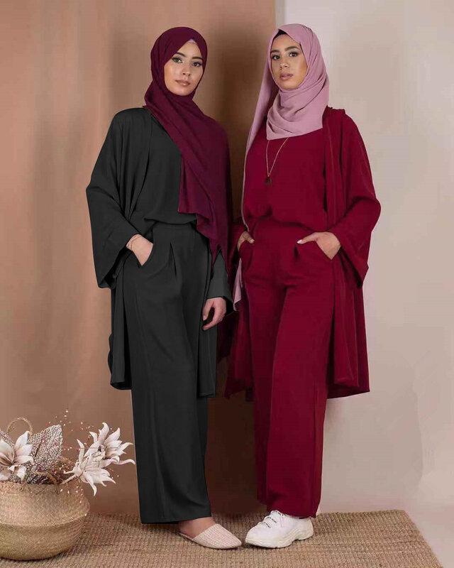 ชุดเดรสแฟชั่นสีพื้นชุดกิโมโนอาบายาสำหรับสตรีมุสลิมชุดเดรสคาร์ดิแกนสไตล์ดูไบและตุรกี