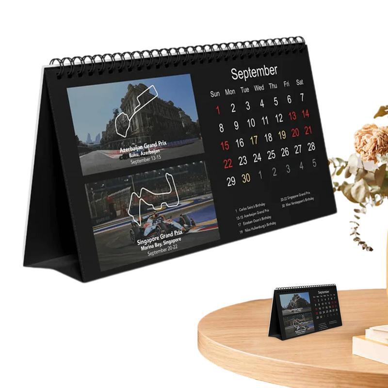 Kalender meja F1 2024, kalender Desktop F1 ikat kawat ganda perencanaan mudah Tema balap untuk Desktop kantor rumah dan