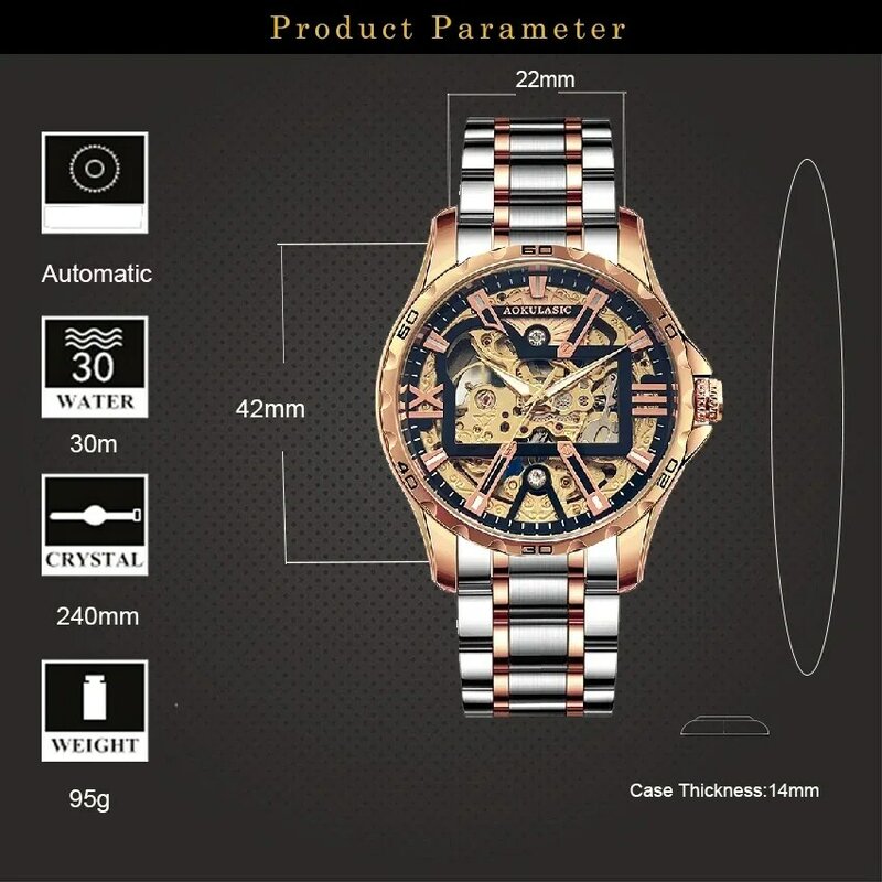 Мужские автоматические механические часы AOKULASIC 2023, модные роскошные деловые часы с вырезами, мужские водонепроницаемые спортивные часы