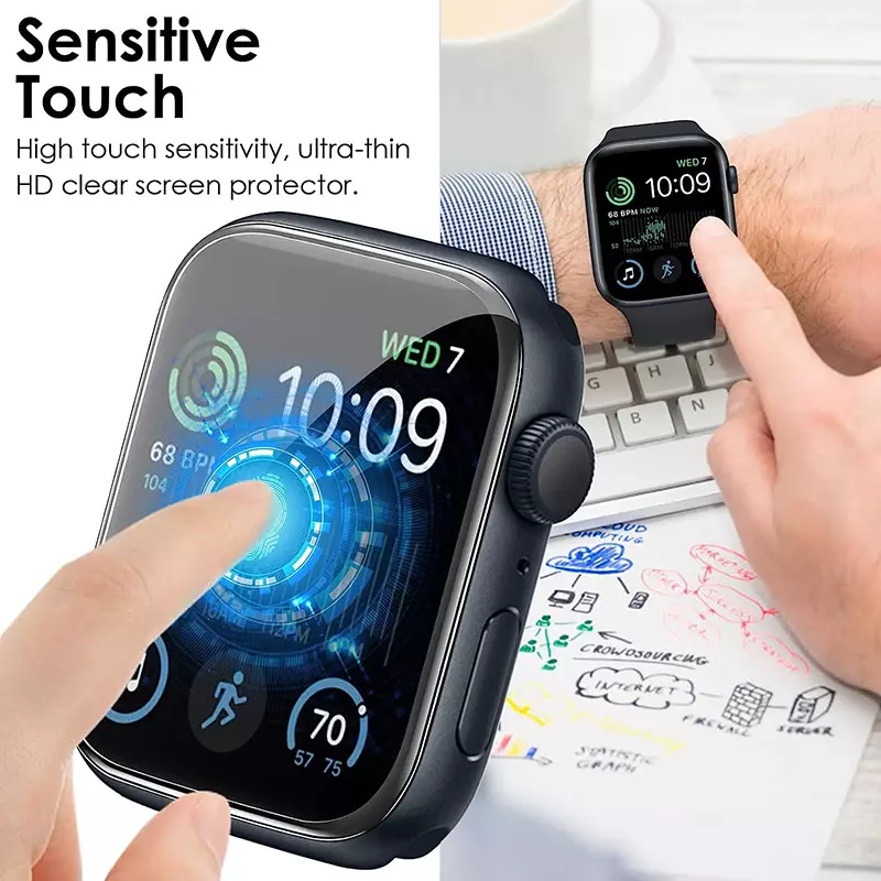 Protetor de tela curvo completo para Apple Watch, não de vidro, protetor para iWatch Series 9, 8, 7, 6, 5, 4, SE2, 49mm, 40mm, 41mm, 45mm