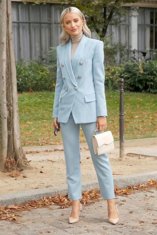 Conjunto de traje azul cielo claro para mujer, chaqueta de 2 piezas, con botones de Metal, hecha a medida