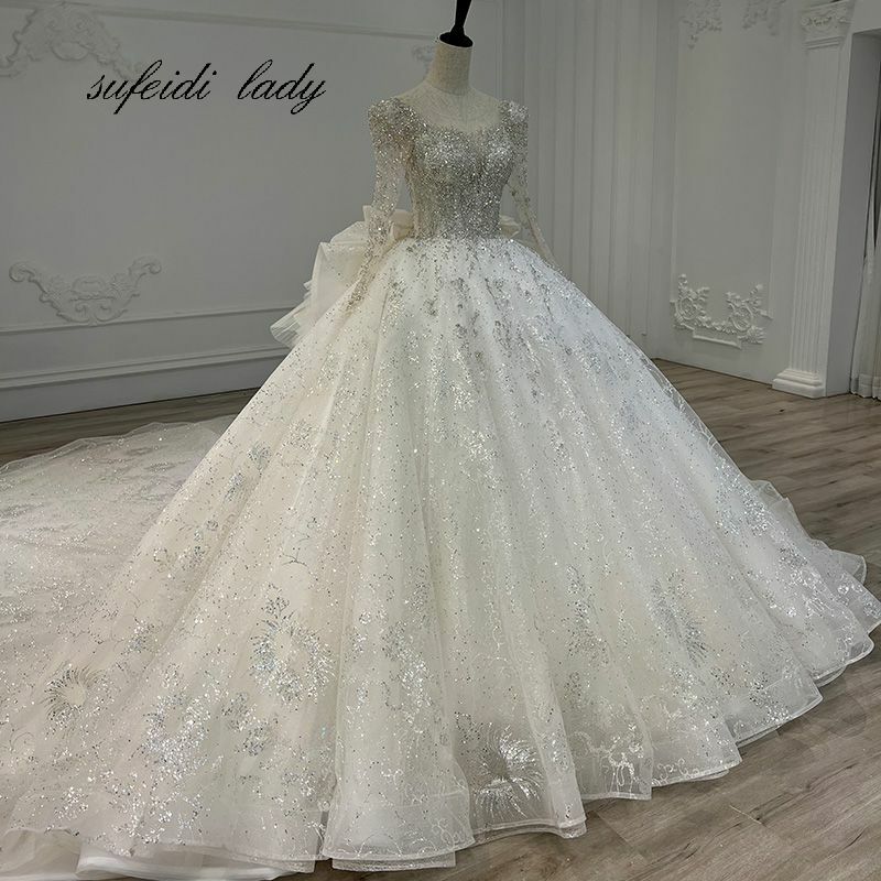 Robe de mariée de luxe sur mesure, à manches longues, en Tulle et dentelle, avec des perles de cristal, à la mode, 2022