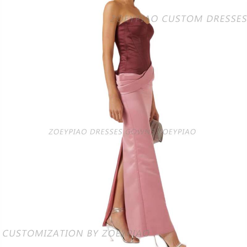 Sexy Rood/Roze Satijnen Rug Split Prom Dresses Plooi Lange Mouwloze Custom Casual Formele Avondjurk Vrouwen Feestjurken 2024