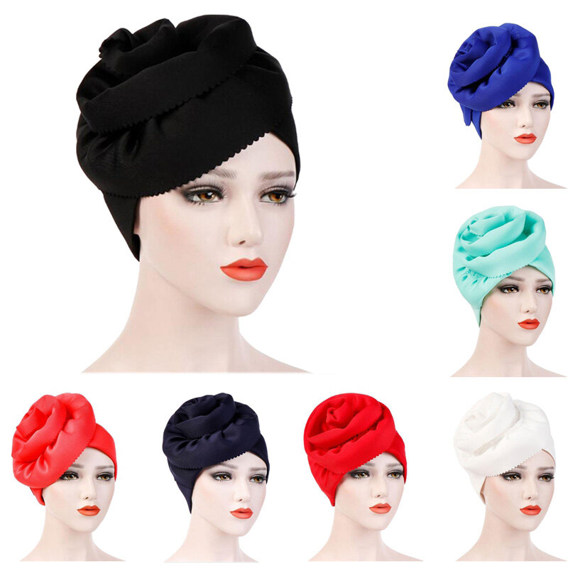 Women Turban Hat African Turban Covers Vintage Big Flower Solid Color Head Wraps Elastic Beanie Hat Headwear for Girls