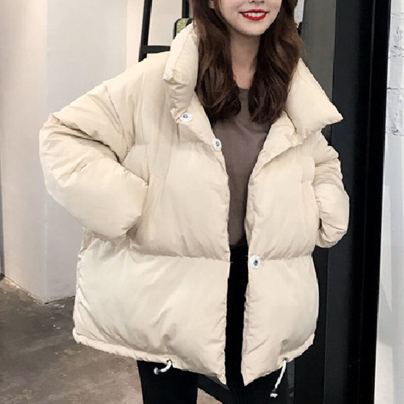 Jaket Puffer Hitam Mantel Wanita 2022 Mode Korea Kerah Berdiri Berlapis Gaya BF Tebal Pakaian Wanita Musim Dingin Longgar
