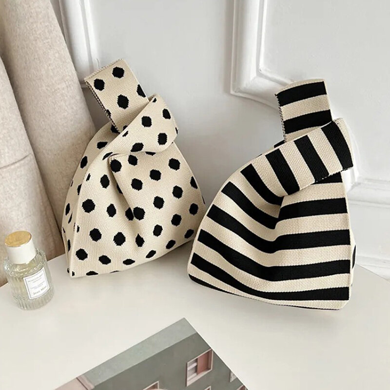 1×Handmade Knit Handbag Women Mini Knot Wrist Bag Fashion Casual Color Wide Stripe Plaid Tote Bag Student Reusable Shopping Bags