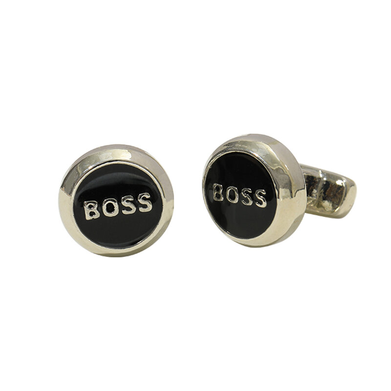 Black Letter Boss Cuff Links, tom de prata para terno camisas smoking, botão manga formal, presente da jóia do negócio