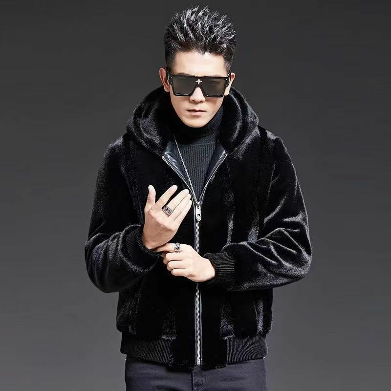 2023 jesienno-zimowa męska nowa krótka prawdziwe futro kurtki męskie jednokolorowe płaszcze z kapturem męskie z długim rękawem casualowe płaszcze V137