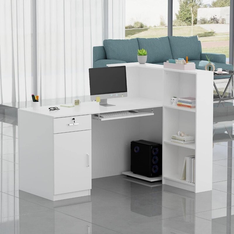 Recepção moderna Desk, balcão para varejo e check-out, Front Counter Table, L-Shaped, Fitas pretas, Office Boutique Lobby