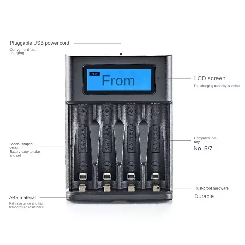 Carregador USB com display LCD para bateria recarregável, indicador, 4 slots, NI-MH, NI-CD, AA, AAA, 1.2V