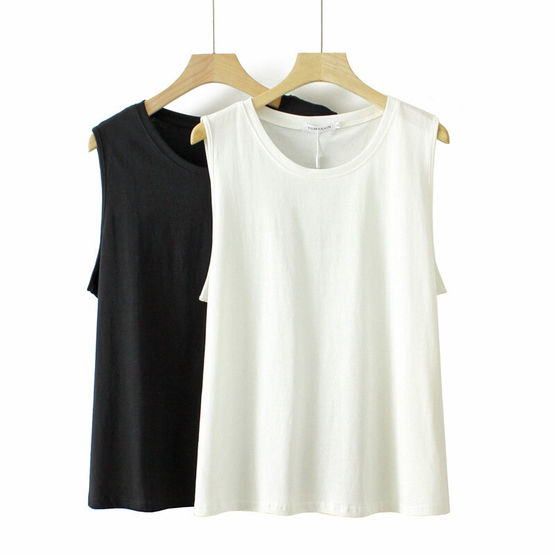 2023 Summer Clothes Women Tank Top Plus Size O-Neck Sleeveless Cotton Casual Solid Color Outer Wear Vest Curve S62 F1314