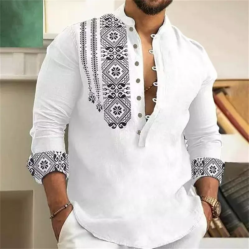 Модная мужская рубашка с длинным рукавом и 7 пуговицами, свободная Пляжная футболка с V-образным вырезом и пуговицами, высококачественный материал