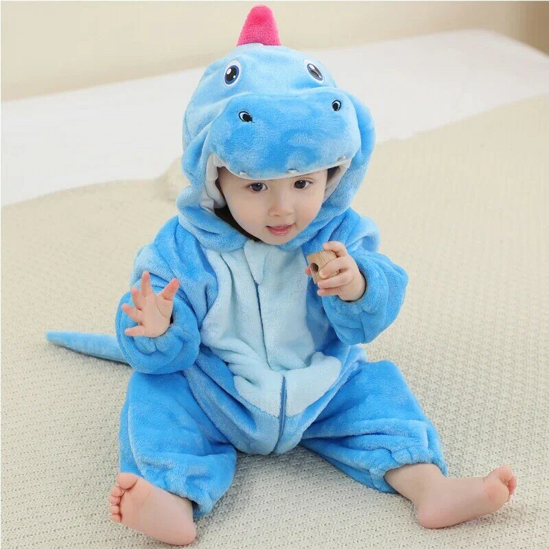 2024 New Dinosaur Unicorn Baby Rompers Winter Flannel Toddler Infant Clothes Hooded Overall Bodysuits Jumpsuit Costume for Kids