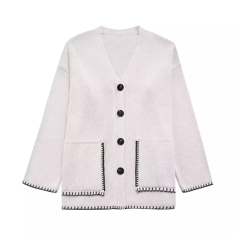 Casaco feminino de malha única, casaco solto com gola V, manga comprida, top chique de bolso, decoração da linha, moda vintage, novo