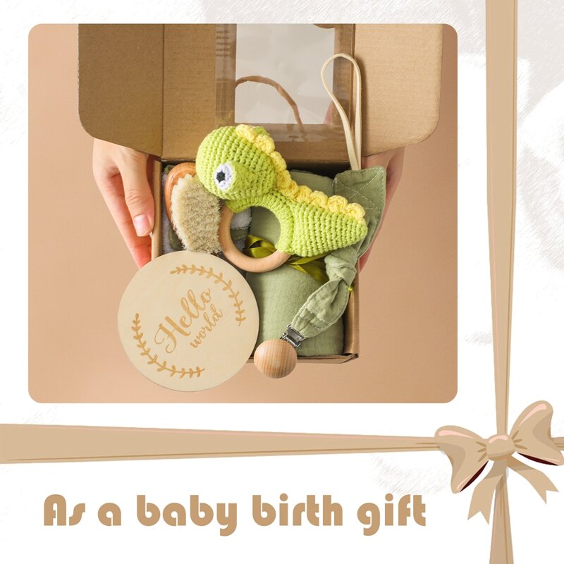 1Set Baby Christmas Gift Bath Toy Crochet Animal Dinosaur Rattles Toy Milestones Card Toddler Stuff Towel Cotton Blanket Brush
