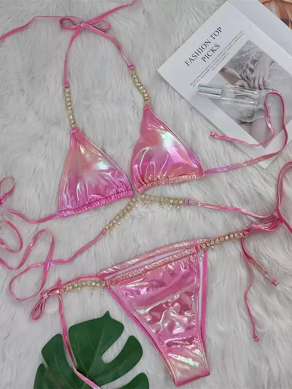 Set Bikini Brozing Pink seksi 2024 pakaian renang wanita mewah berlian imitasi silang perban baju renang mikro baju renang berlian pakaian renang Thong