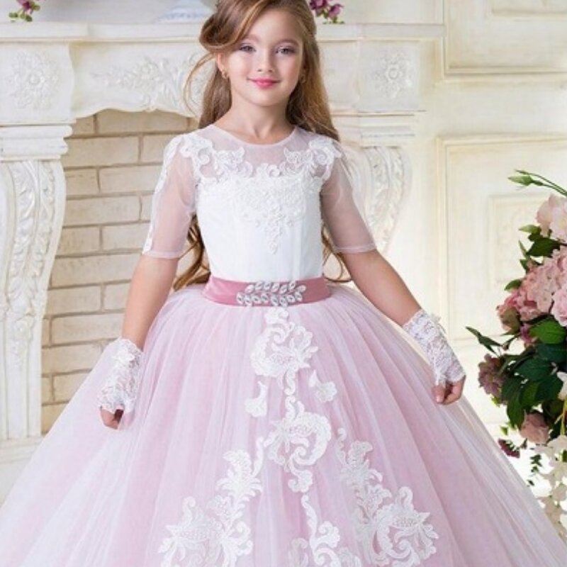 فستان فاخر وردي أبيض زهرة فتاة خمر نصف كم الدانتيل فلوري الزفاف حفلة عيد ميلاد الأميرة ثوب