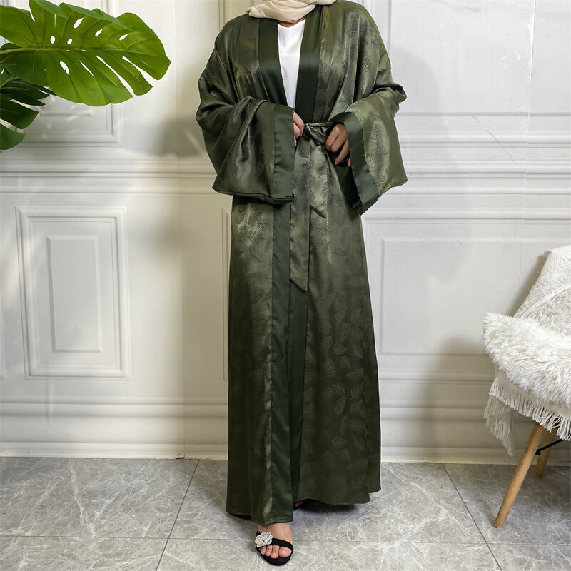 Wepbel Fashion Muslim Open Abaya Solid Color Women Kimono Caftan Printed Satin Cardigan Robe Loose Sleeves Muslim Ramadan Kaftan